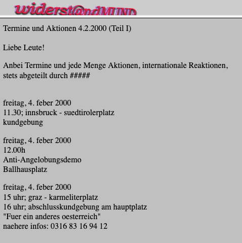 Screenshot aus dem Newsletter MUND vom 4.2.2000, aufgerufen am 3.2.2025 über https://web.archive.org/ 